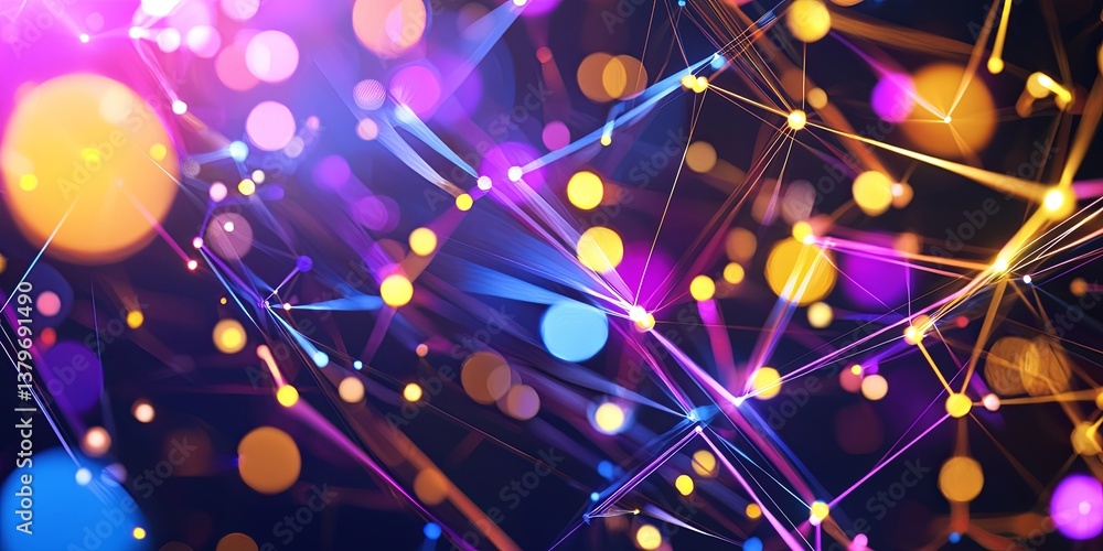 Poster a vibrant, interconnected tapestry of glowing nodes and intricate lines, adorned with eye-catching b