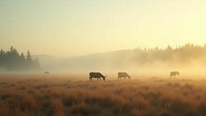 Cows grazing in foggy meadow at sunrise with forest in background	