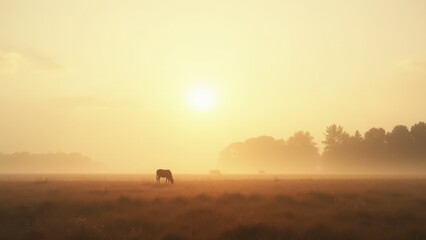 Cows grazing in foggy meadow at sunrise with forest in background	