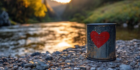 Tin can with heart by river. Nature, love, rustic. Symbol of care in the wild.For campaigns promoting outdoor activities, charitable causes, or rustic/vintage products