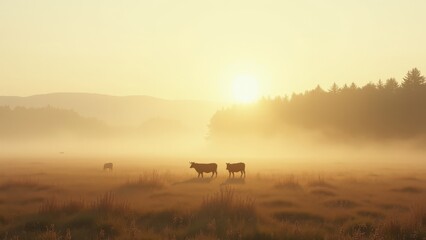 Cows grazing in foggy meadow at sunrise with forest in background	