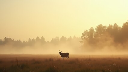 Cows grazing in foggy meadow at sunrise with forest in background	