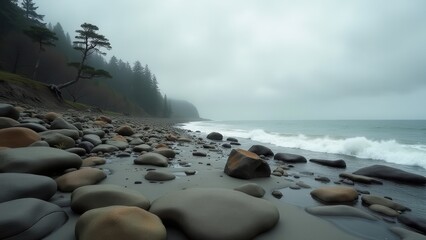 Overcast rocky coastline with misty cliffs and gentle waves under grey sky	