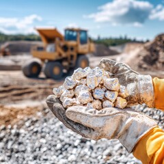 A worker holds shiny rocks in gloved hands, with construction machinery in the background, showcasing mining or excavation activities.