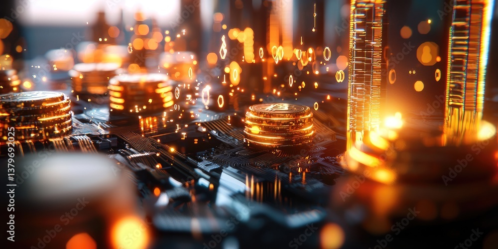 Poster A futuristic cityscape of interconnected nodes, glowing with digital coins and intricate code, symbolizing the power and innovation of blockchain technology and its impac