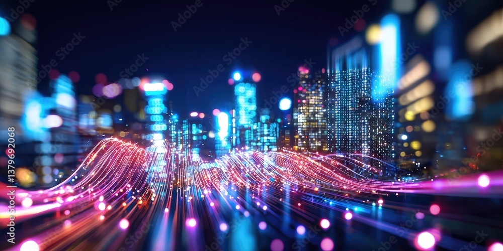 Poster a futuristic cityscape, crafted from swirling lines and glowing dots of white, pulsates with an ener