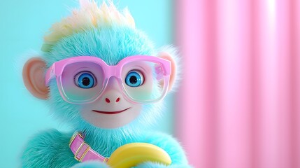 Obraz premium Pastel Blue Fluffy Monkey with Pink Glasses Holding Banana