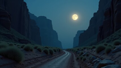 Desert canyon landscape illuminated by full moon with winding trail and sparse vegetation	