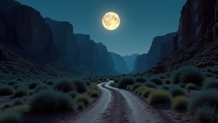 Desert canyon landscape illuminated by full moon with winding trail and sparse vegetation	