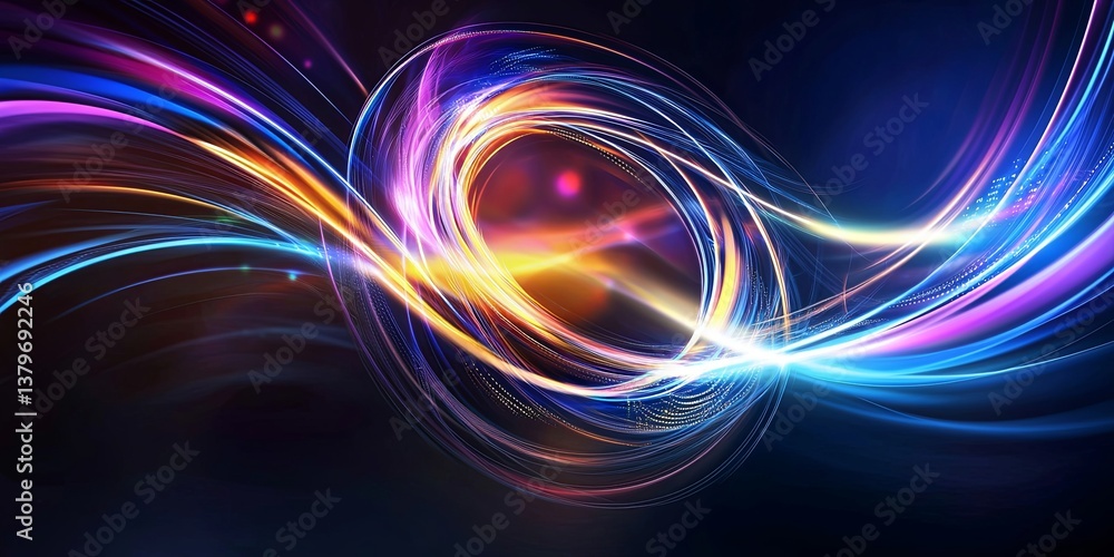 Poster a swirling vortex of vibrant hues, reminiscent of data flowing through digital networks, pulsates wi