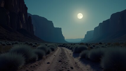 Desert canyon landscape illuminated by full moon with winding trail and sparse vegetation	