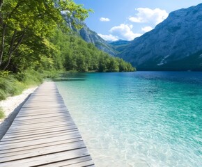 Wooden boardwalk along the mesmerizing Lake Bohinj in Slovenia, Triglav National Park