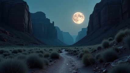 Desert canyon landscape illuminated by full moon with winding trail and sparse vegetation	