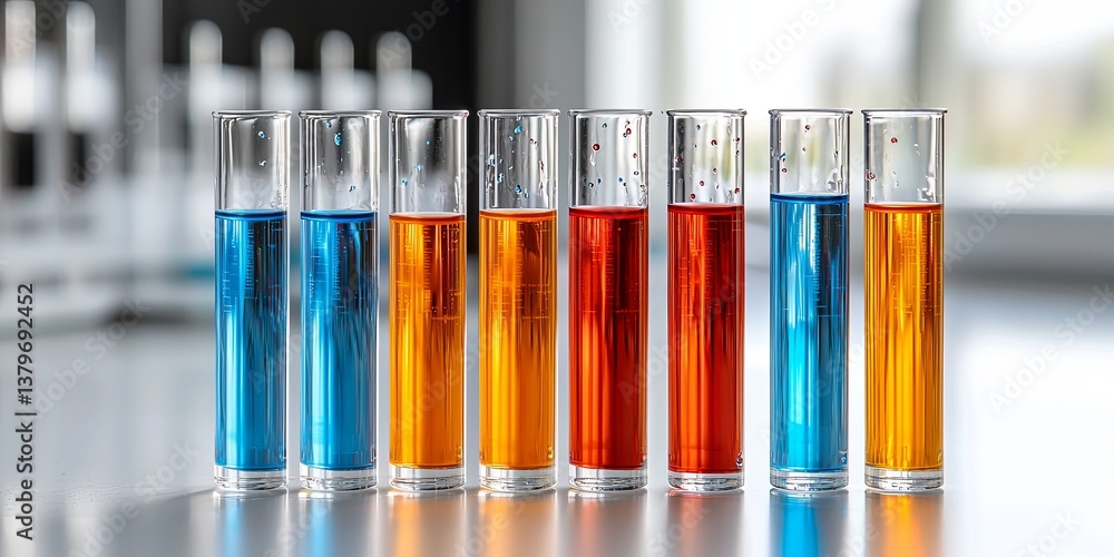 Poster a meticulously arranged row of clear test tubes, each containing a droplet of vibrant blue and red l