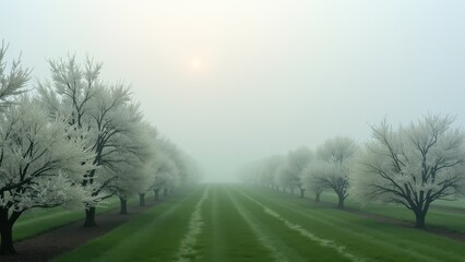 Symmetrical rows of blooming trees in foggy field with soft morning light	