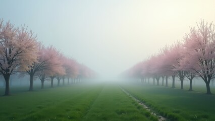 Symmetrical rows of blooming trees in foggy field with soft morning light	