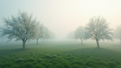 Symmetrical rows of blooming trees in foggy field with soft morning light	
