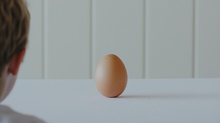 Young Child Observing a Brown Egg on a Table Against a Light Background
