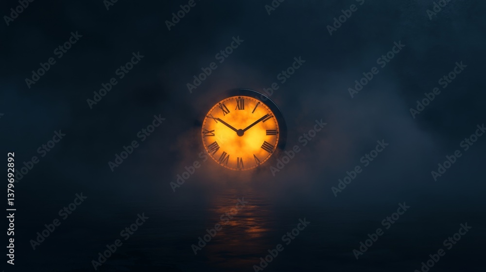 Poster Dark Minimalist 3D Render of Glowing Clock in Foggy Environment