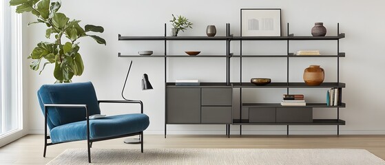 Cozy and Stylish Modern Living Room with Minimalist Shelving and Potted Plant Decor