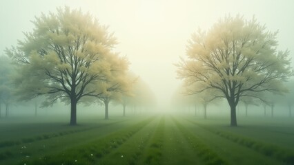 Symmetrical rows of blooming trees in foggy field with soft morning light	