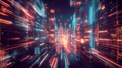 Obraz premium Futuristic Cyber Cityscape with Flowing Holographic Elements