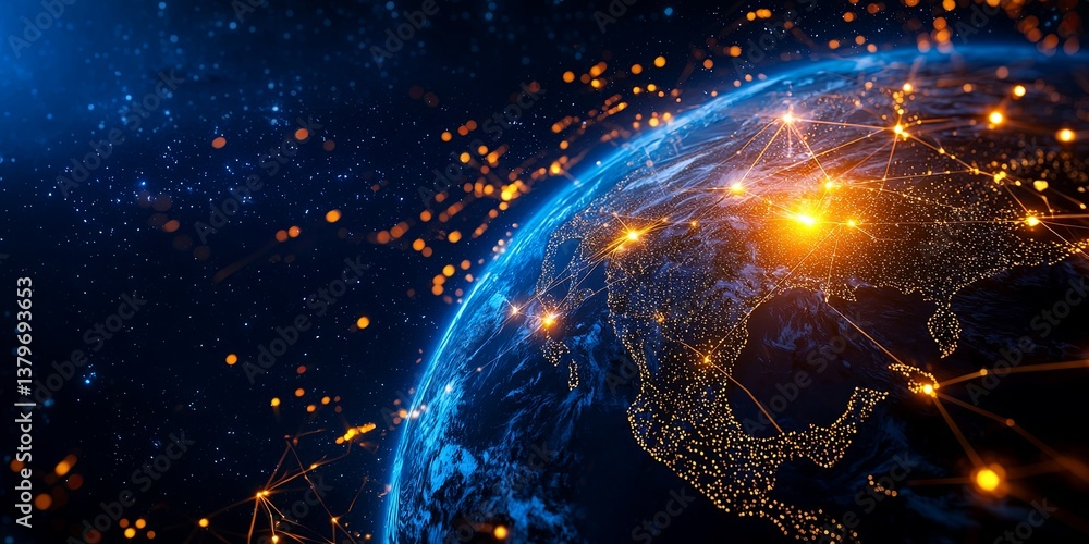 Poster a mesmerizing tapestry of light, the earth s surface at night, where interconnected nodes, represent