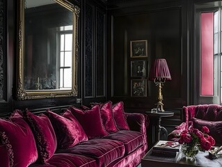 Luxurious Moody Interior with Ornate Velvet Sofa and Antique Decor
