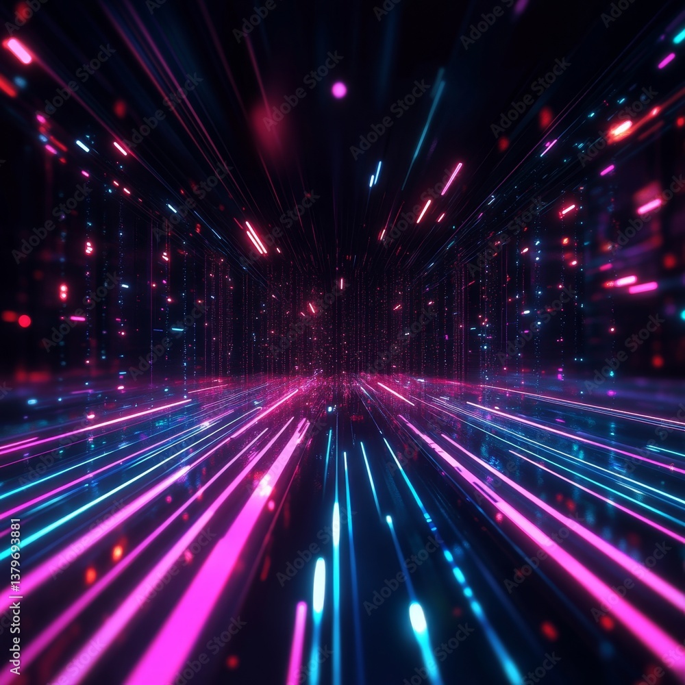 Poster abstract high-tech scene with glowing lines in dark background