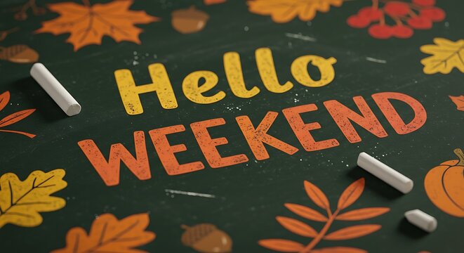 Autumn Weekend Greetings Chalkboard Fall Fun Weekend Welcome Hello Weekend Autumn Cozy Weekend Vibes Harvest Hues Weekend A Chalky Autumn Welcome Warm Weekend Wishes AI Generated - Powered by Adobe