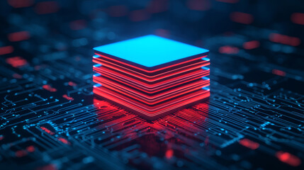 digital transformation strategy + innovation + framework Futuristic digital stack with vibrant blue and red circuits on a dark background.