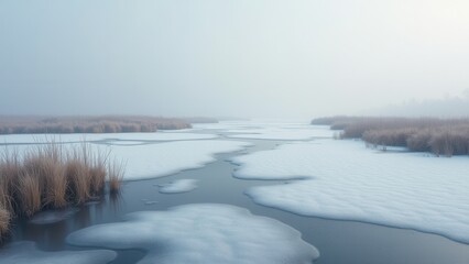 Obraz premium Frozen marshland with tall dry grasses under pale winter sky in cold quiet landscape 
