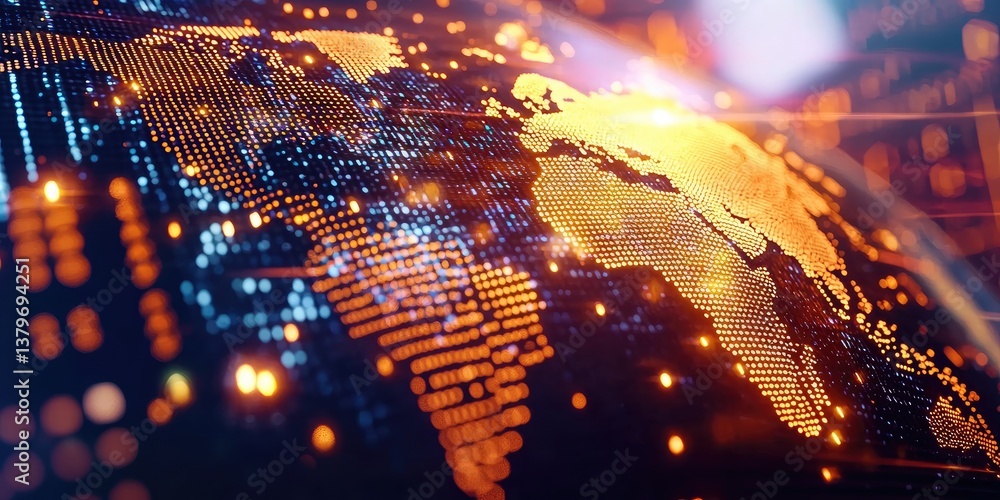 Fototapete A futuristic, minimalist background featuring a sleek, glowing world map overlaid with a intricate blockchain network, signifying the global reach and security of cryptoc