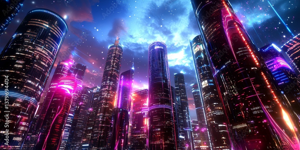 Poster a futuristic cityscape, where sleek skyscrapers pierce the sky, illuminated by holographic projectio