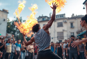 Street performer doing fire show in front of crowd
