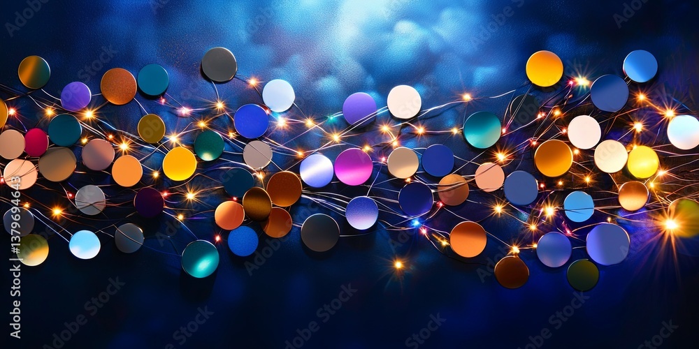 Aufkleber A dynamic network of vibrant circles, interconnected through pulsating lines, forming a captivating abstract design against a deep, midnight blue backdrop, symbolizing cu
