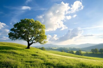 Lonely tree growing on a green hill in spring