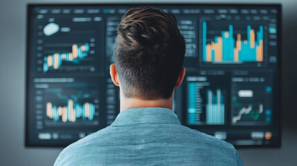 digital transformation strategy + innovation + framework A person analyzes data on a large screen displaying colorful graphs and charts.