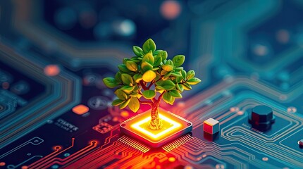 A small leafy tree is growing on a computer circuit board
