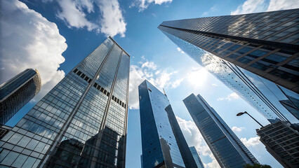 Naklejka premium Low-Angle View of Modern Skyscrapers Reaching for the Sky