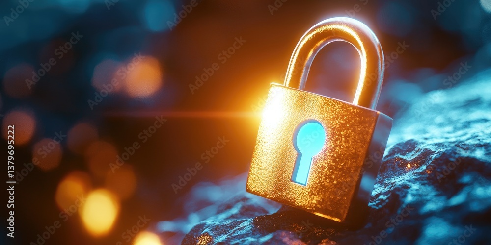 Poster A stylized padlock, its digital keyhole glowing with a secure blue light, symbolizing data protection in the digital realm.