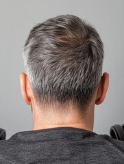 Fototapeta premium A close-up view of a person's gray hair from the back, showcasing a neat haircut and a neutral background.