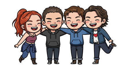 Cartoon Style Illustration of Four Friends Hugging and Smiling Together