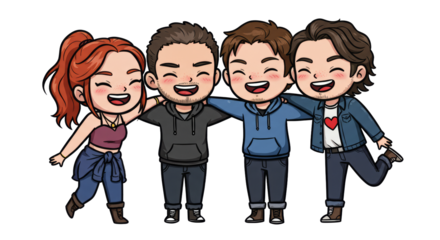 Cartoon Style Illustration of Four Friends Hugging and Smiling Together