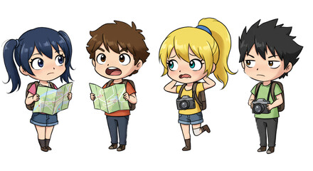 Lost tourists cartoon characters using map and cameras looking confused