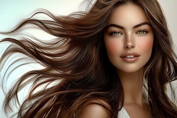Obraz premium A beautiful woman with long, flowing brown hair that appears to be blowing in the wind, showcasing healthy and shiny hair.