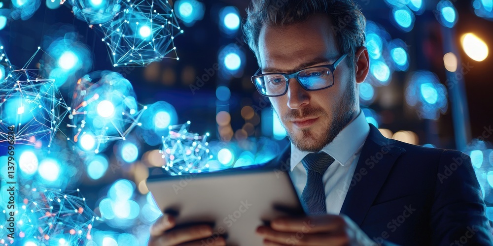 Leinwandbilder A businessman, clad in a sharp suit and glasses, meticulously encrypts sensitive business data stored on his tablet, securing his connection to the internet and ensuring