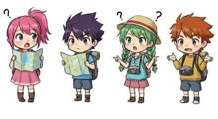 Cartoon Travelers Looking at Maps and Confused About Directions Together