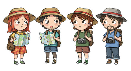 Lost travelers cartoon illustration showing confusion with maps and cameras