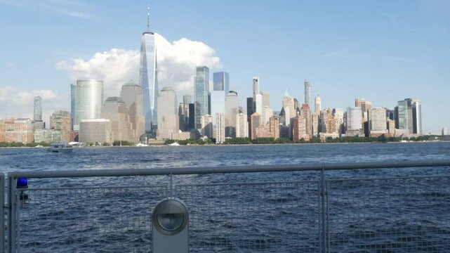 New York City waterfront skyline, Manhattan Downtown Financial district, World Trade Center building, riverfront skyscrapers. From Paulus Hook, New Jersey. United States architecture. Hudson river.